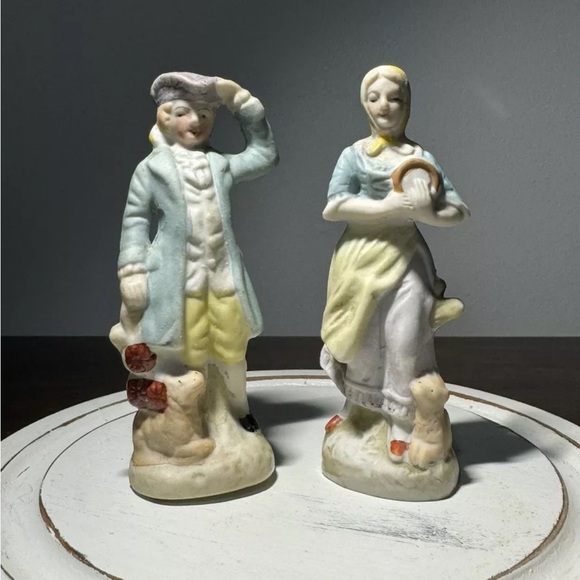 Pair Vintage Bisque Porcelain Figurine Victorian Lady Man Occupied Japan - Picture 1 of 3